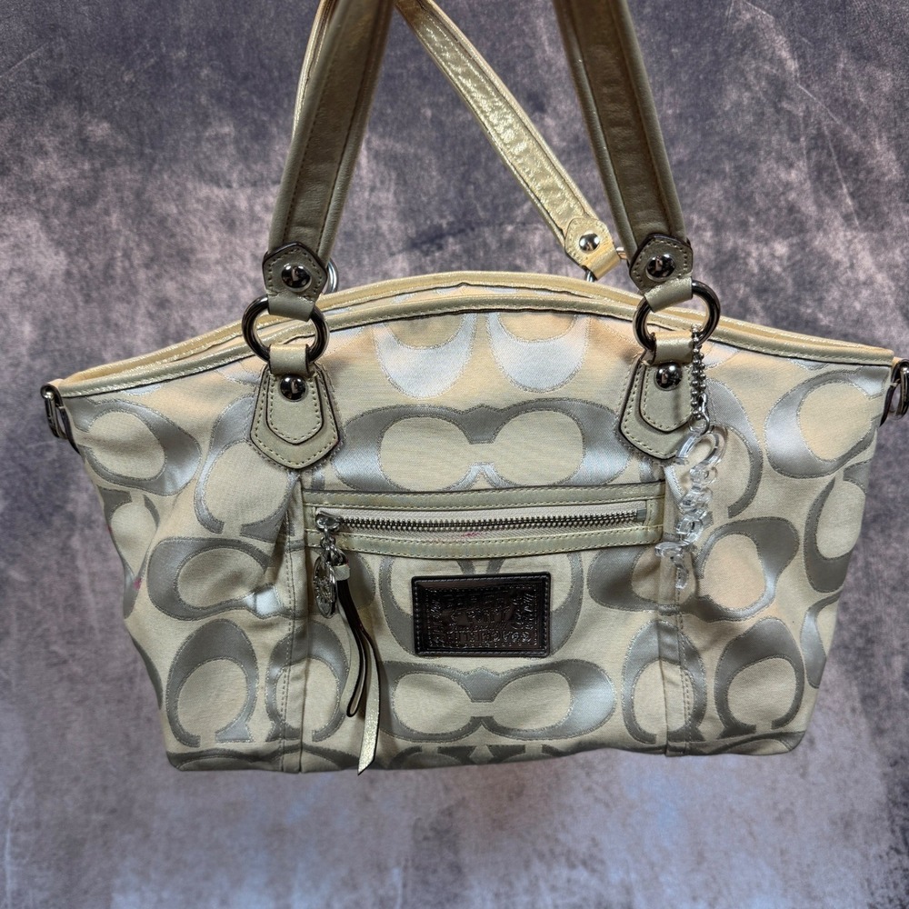 Coach Poppy Signature Satchel Womens Gold Large Metallic Logo Glam Tote Bag